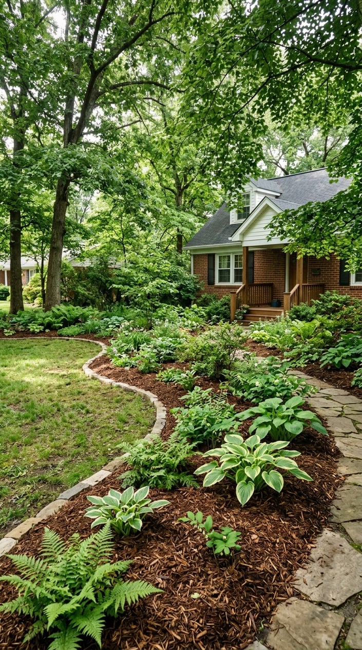 A front yard with shredded bark mulch beds planted with green native woodland plants under shade from tall trees.