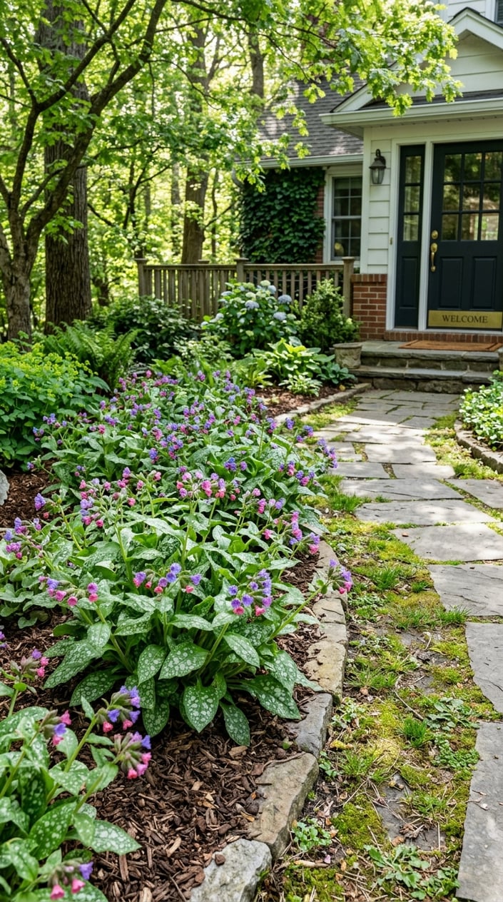Front lawn entryway with lungwort plants growing in shaded garden beds under dappled sunlight.