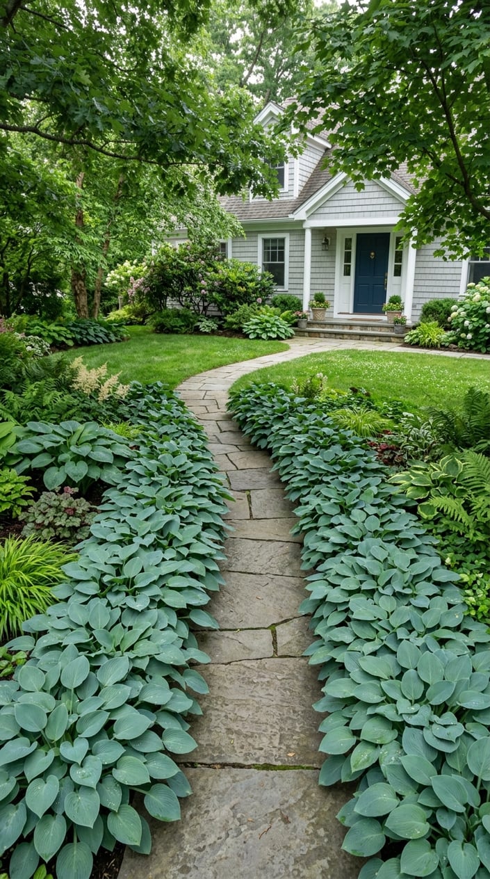 A front yard path bordered by dense blue-green hosta plants with large leaves, surrounded by shade and other garden plants.