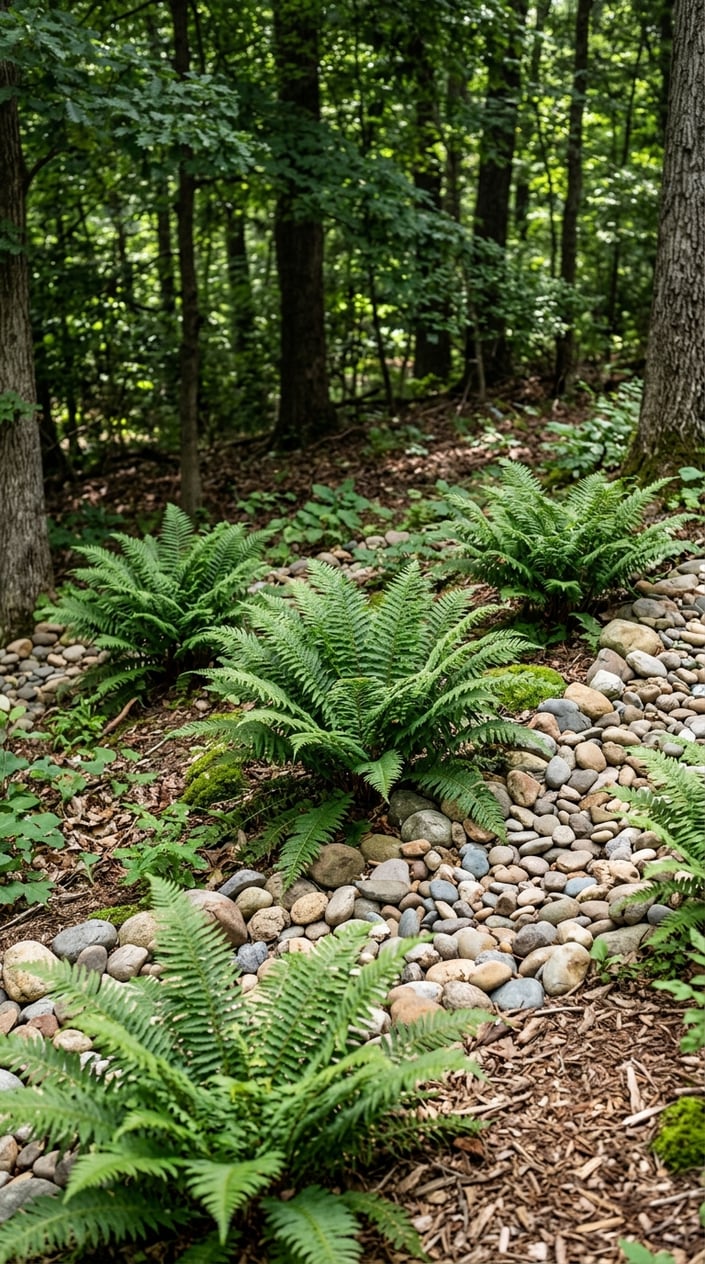 A shaded front yard slope with green Christmas ferns growing among smooth river rocks.