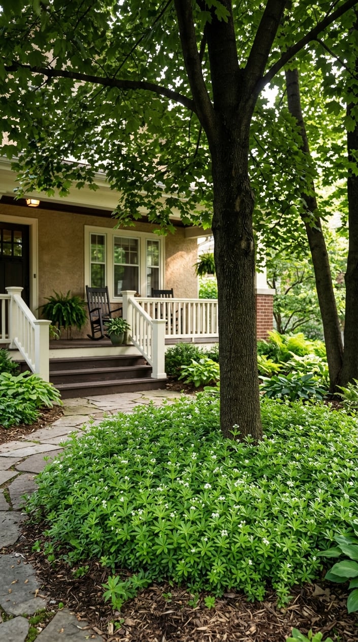 Sweet woodruff plants growing under maple trees near a porch in a shaded front yard.