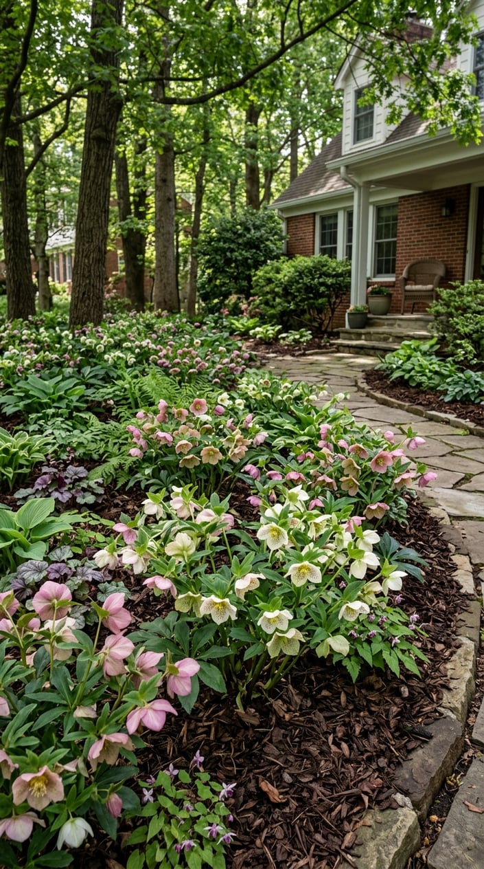 A shaded front lawn garden featuring blooming hellebore flowers growing among dark leaf mulch under trees.