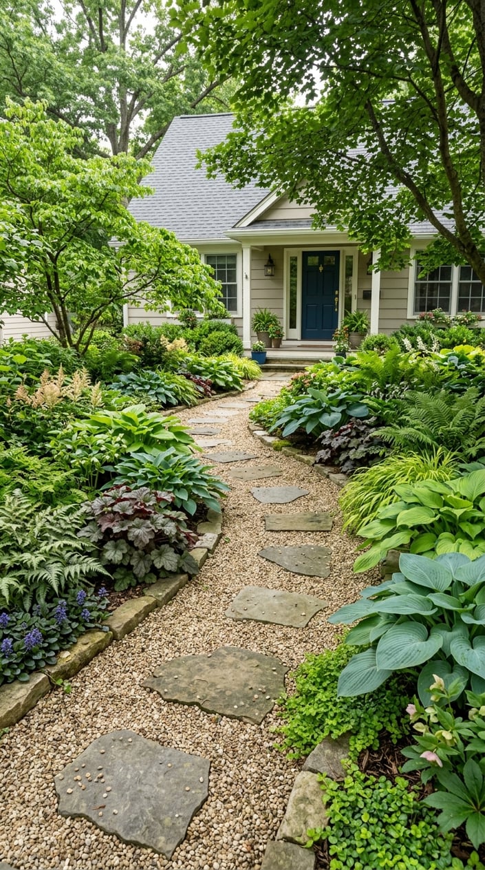 A gravel path with irregular stepping stones surrounded by shade-loving plants in a front yard.