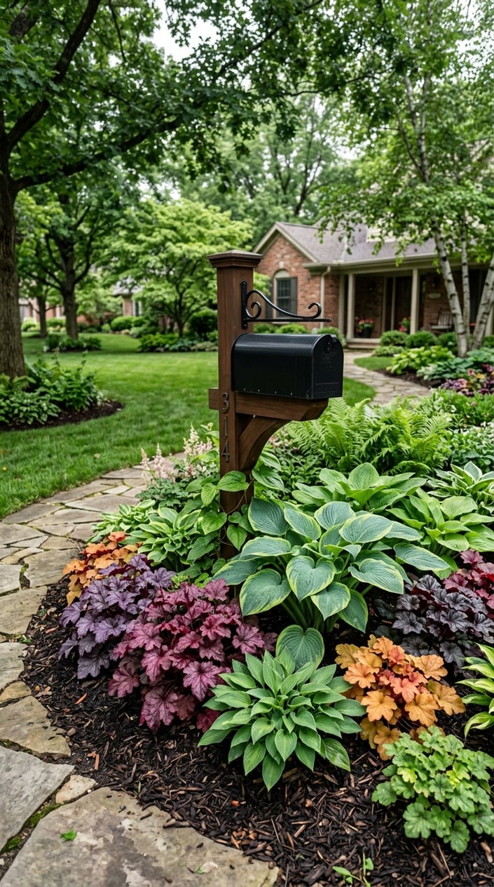 Front lawn garden bed around a mailbox with layered green Hosta and colorful Heuchera plants in a shaded yard.