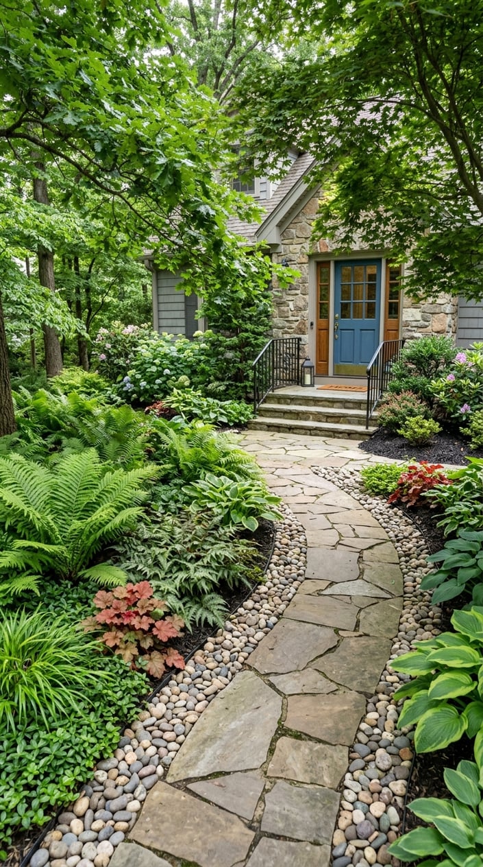 A front yard with a pebble-edged walkway surrounded by green ferns leading to a front door in a shady garden.