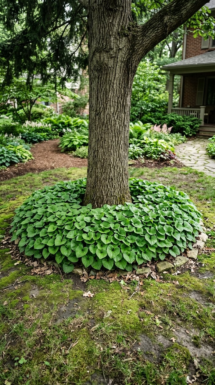 A shaded front yard with a mature tree surrounded by a dense ring of green Native Wild Ginger plants covering the ground where grass does not grow.