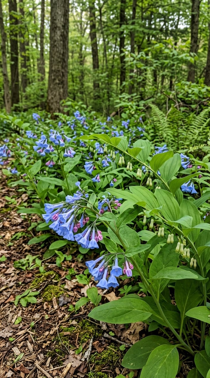 A shaded woodland area with clusters of bluebell flowers and arching green leaves of Solomon’s Seal growing together on the forest floor.