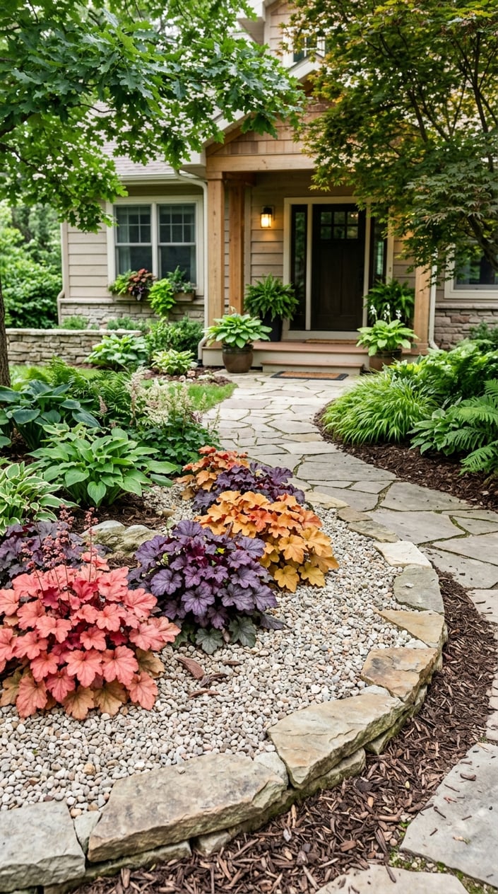 Front yard entry with raised gravel beds filled with colorful coral bells plants in a shady garden.