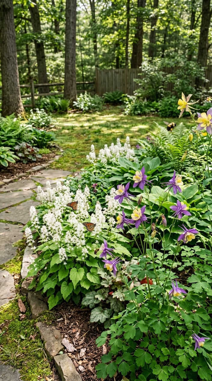 A small shaded garden with white foamflower and colorful columbine flowers surrounded by green leaves and pollinators like bees and butterflies.