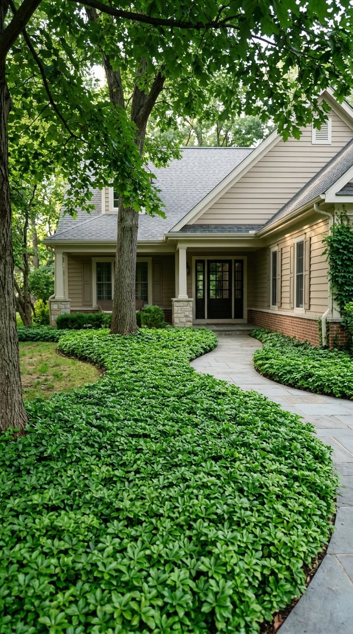 A shady front yard with dense green Pachysandra plants growing along the base of a house under trees.