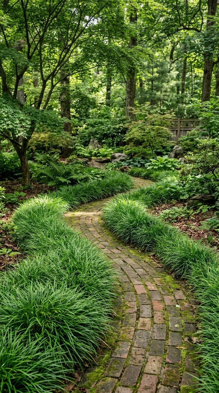 Curved brick pathway bordered by dense green forest grass in a shaded garden with tall trees.