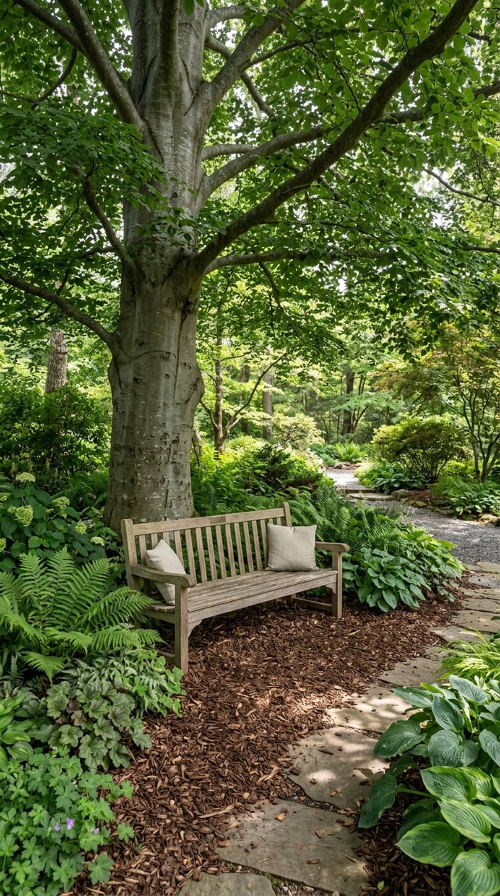 A wooden bench surrounded by mulch and green ferns under a large beech tree in a shaded garden area.