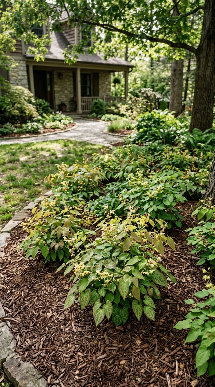 A shaded front yard planting bed with Epimedium plants and brown mulch under trees where grass does not grow.