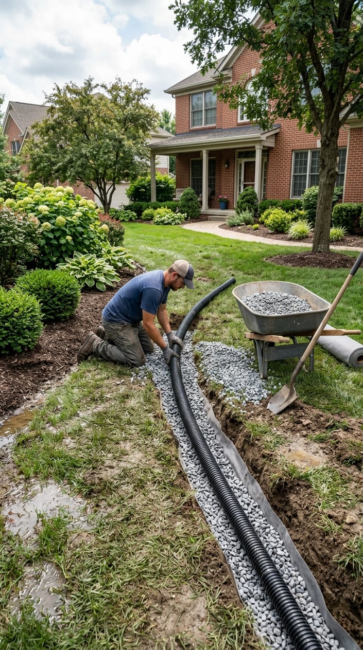 A person installing a perforated pipe and washed gravel in a trench on a soggy front lawn to improve drainage near a suburban house.