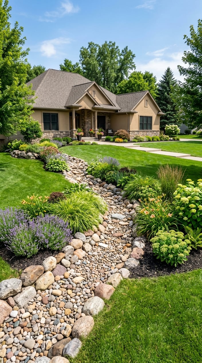 A front lawn with a dry creek bed made of river rocks running through the lowest part of the grass surrounded by green plants.