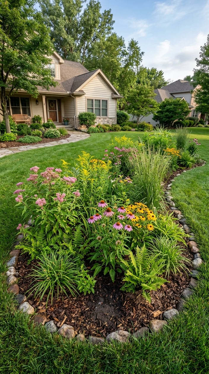 A front lawn with a native plant rain garden in a low spot, featuring green plants and flowers in a shallow depression surrounded by grass.