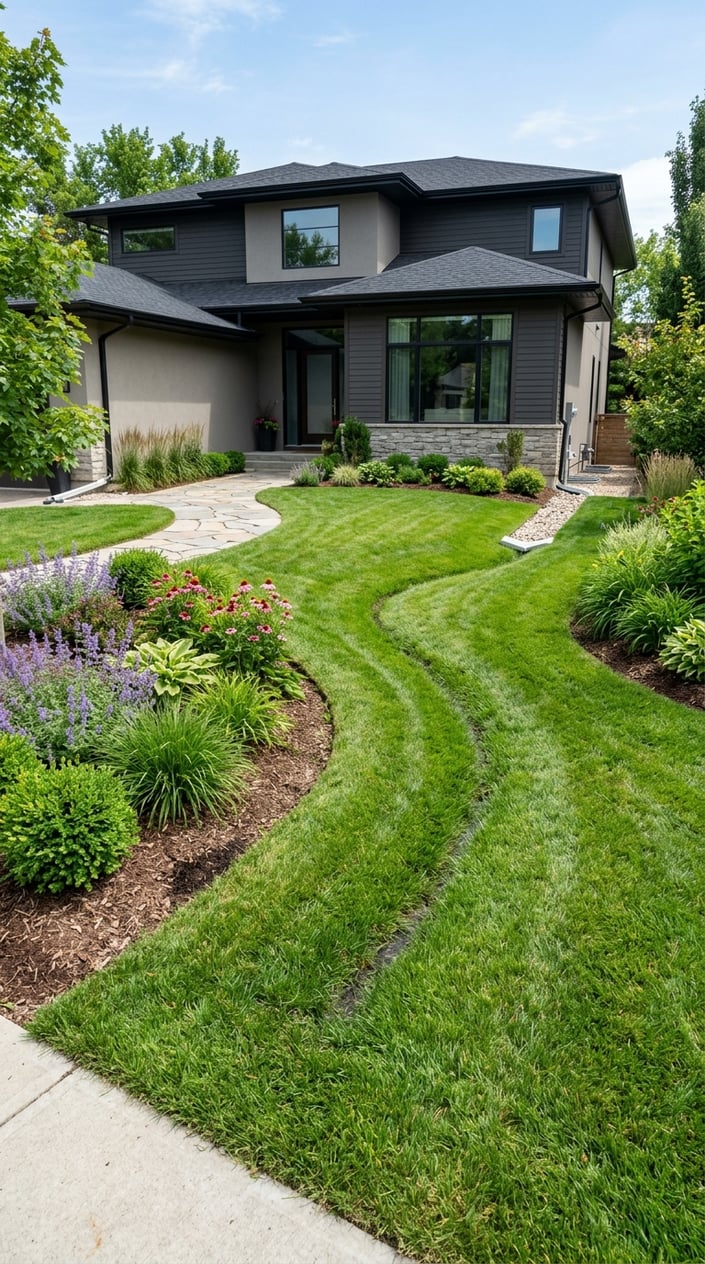 Front lawn with a gentle grass swale directing water away from a modern house, surrounded by green grass and colorful plants.
