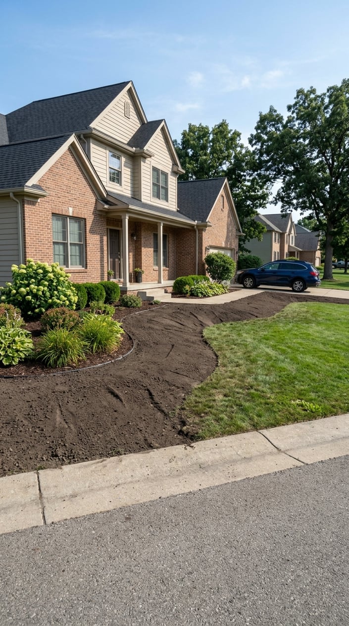 A front lawn with freshly graded soil sloping away from a house foundation, showing healthy grass and landscaping.