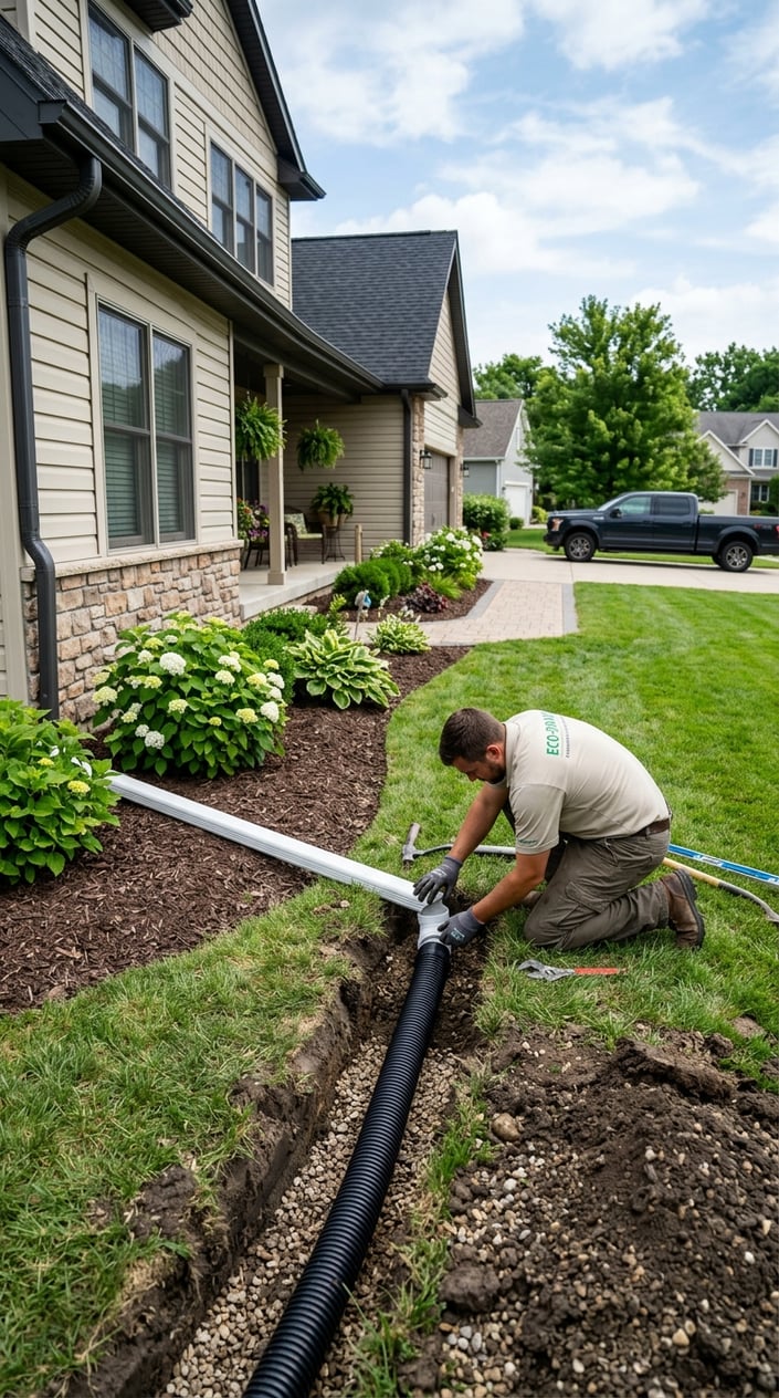 Front lawn with a downspout extended into a buried drain pipe leading away from the house, showing drainage installation work.