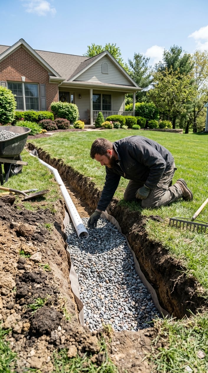A person installing a gravel-filled dry well in a front lawn drainage area with visible soil layers and drainage pipes.