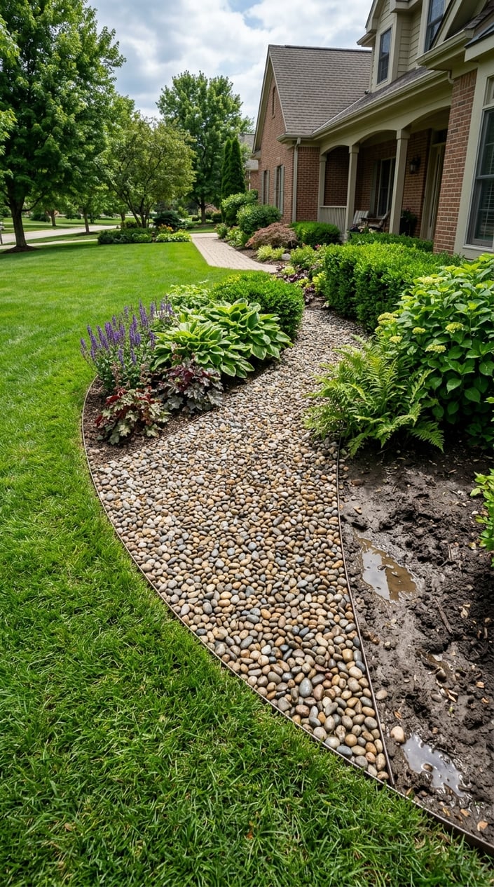 A front lawn garden bed with soggy soil replaced by pea gravel and river pebbles, surrounded by green grass and plants.