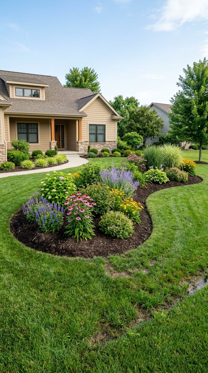 Front yard with raised planting beds made from berms along wet grassy areas near a suburban house.