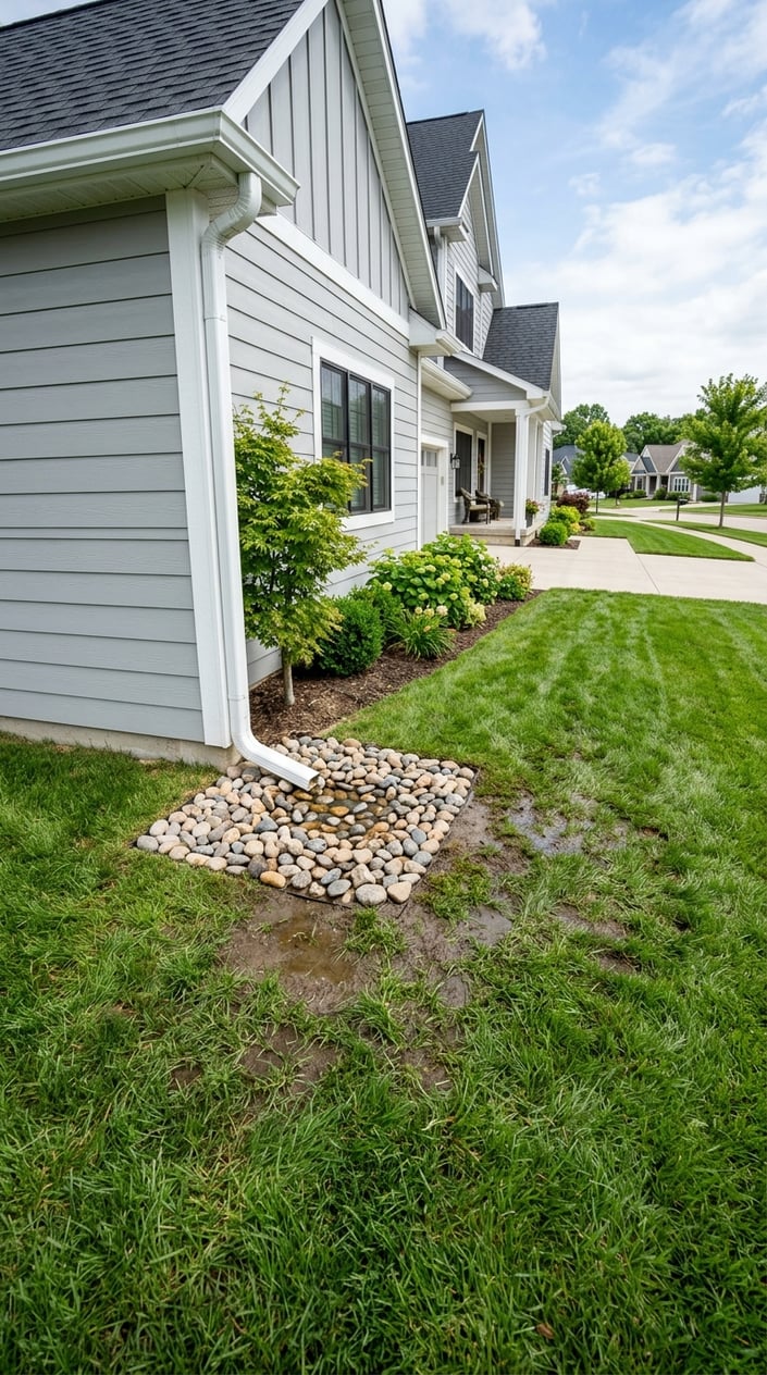 A front lawn with a rock apron installed under a downspout to prevent mud and water splashback near a house.