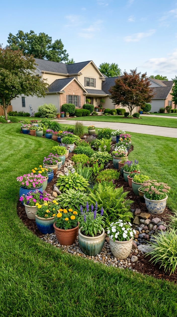Front lawn with a visible drainage ditch lined with ceramic planters filled with green plants and flowers, surrounded by healthy grass and a house in the background.