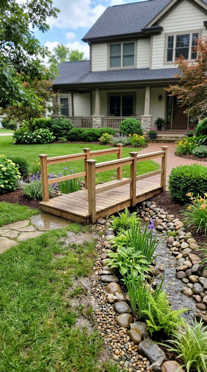 A small wooden footbridge over a decorative drainage channel in a front lawn with green grass and plants.
