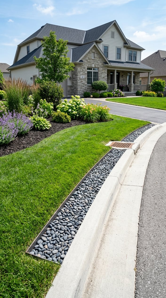 A front lawn with steel or stone edge drainage features installed along the curb, surrounded by green grass and plants.