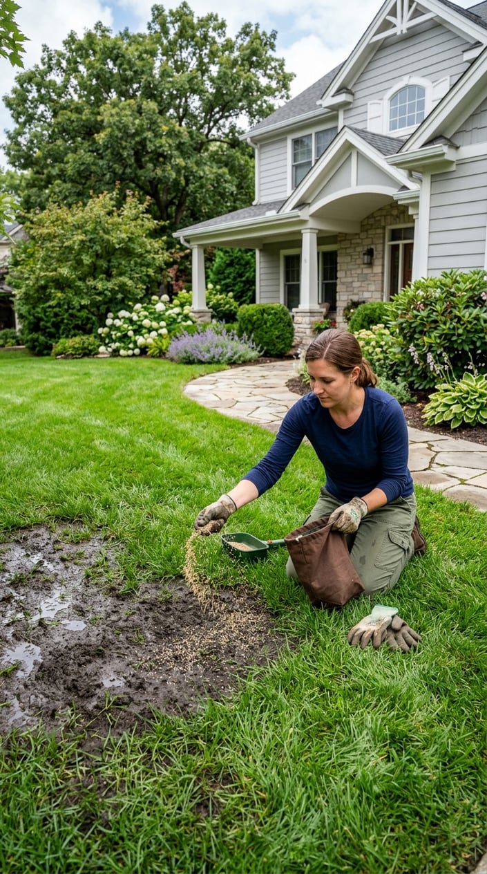 A person spreading grass seed on wet patches of a front lawn with a suburban house and garden in the background.
