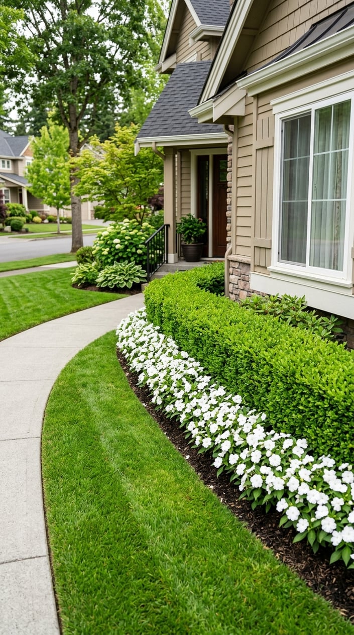 A front lawn with a neatly trimmed boxwood shrub border and white impatiens flowers along the house foundation.