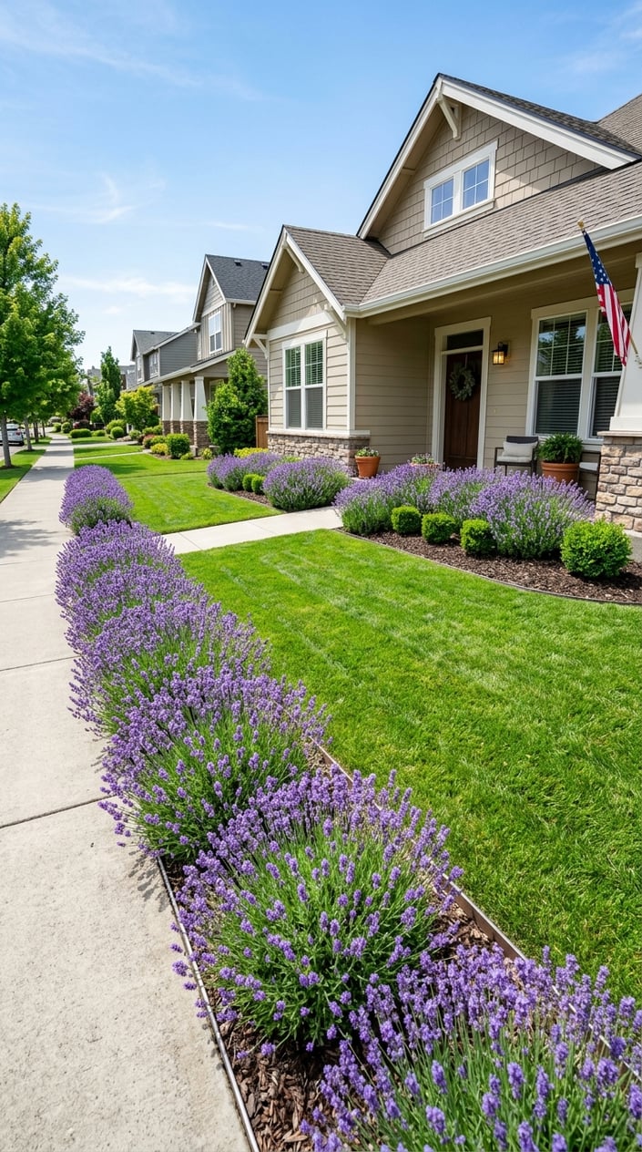 A neat front lawn with vibrant lavender plants repeated from porch garden beds to a parkway strip along the sidewalk in a suburban neighborhood.