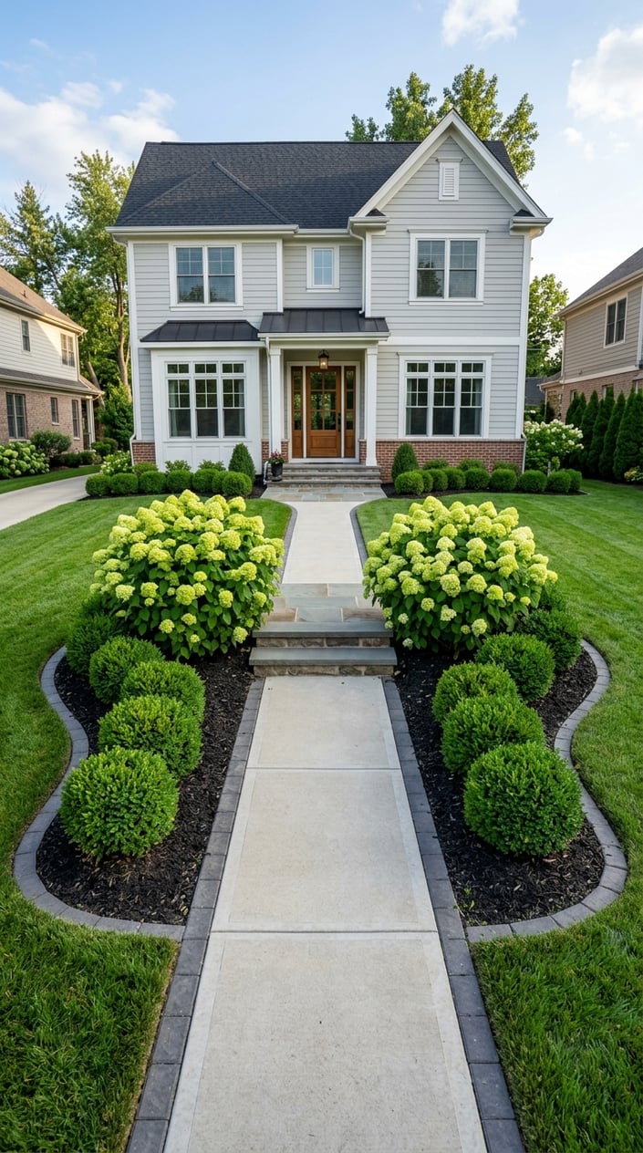 A front lawn entry with pairs of lime-green hydrangea bushes and green boxwood shrubs beside a clean concrete walkway leading to a house.