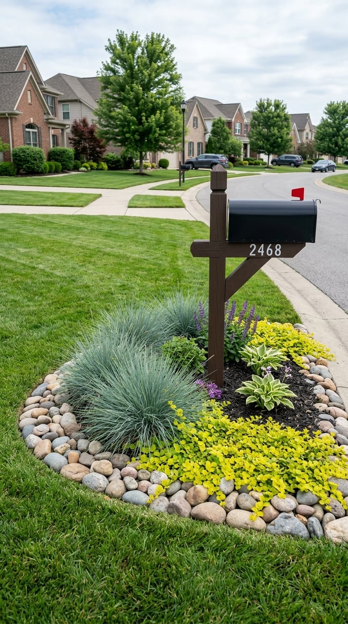 A front lawn mailbox bed with blue fescue grasses, trailing Creeping Jenny plants, and river rocks surrounded by a green lawn and houses in the background.