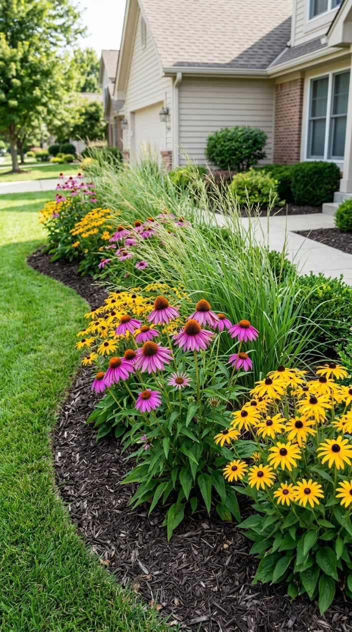 A front lawn garden bed with purple coneflowers, yellow black-eyed Susans, and tall green switchgrass in a suburban neighborhood.