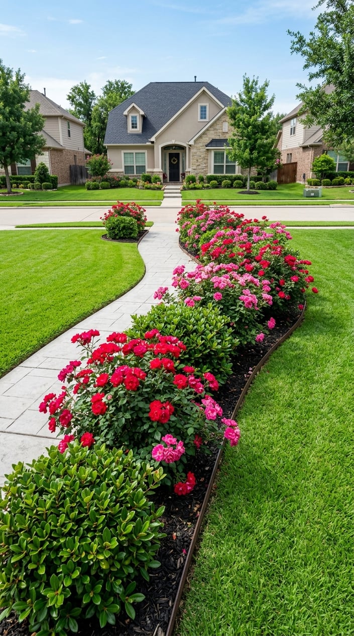 A front lawn with a walkway bordered by blooming knock out roses and dwarf Indian Hawthorn shrubs in a suburban neighborhood.