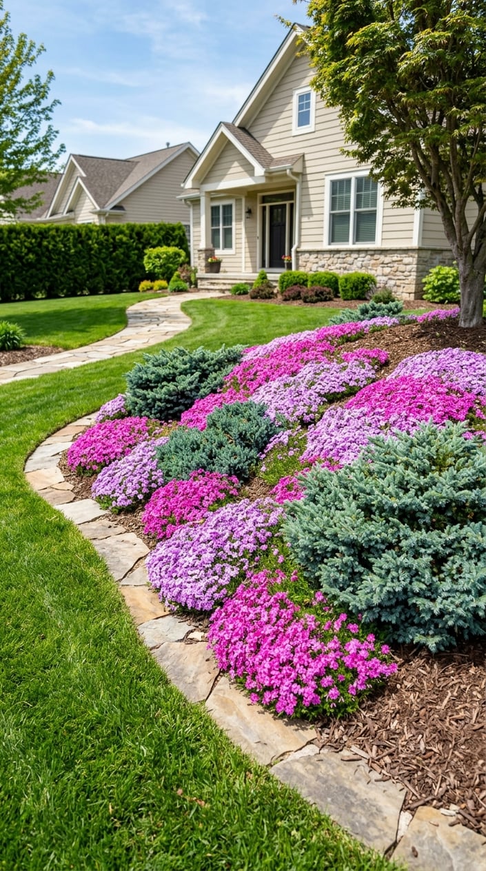 A sunny front lawn slope covered with pink and purple creeping phlox flowers and blue star juniper shrubs, with a trimmed hedge and house in the background.