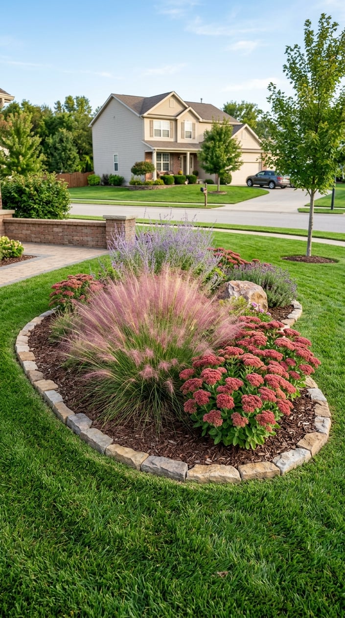 A drought-tolerant garden bed with pinkish Muhly grass and reddish Autumn Joy Sedum flowers in a neat suburban front lawn.