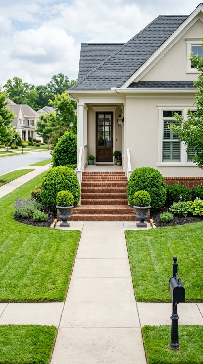 Two green boxwood shrubs shaped as topiaries flank brick steps leading to a house entrance in a neat front yard.