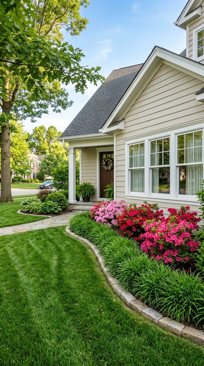 A front yard with green Liriope plants and colorful Encore Azaleas planted beneath front windows of a suburban house.