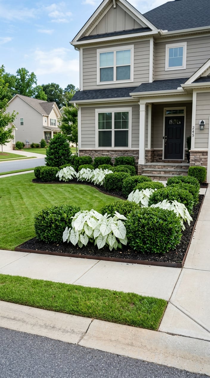 A neatly landscaped front lawn with green Inkberry holly bushes and white Caladium plants arranged in a formal pattern in front of a suburban house.