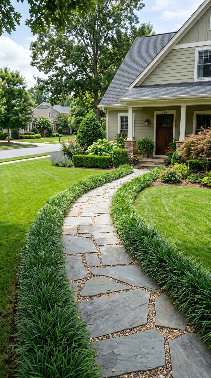 A front yard flagstone path bordered by green dwarf mondo grass with trimmed bushes and a house in the background.