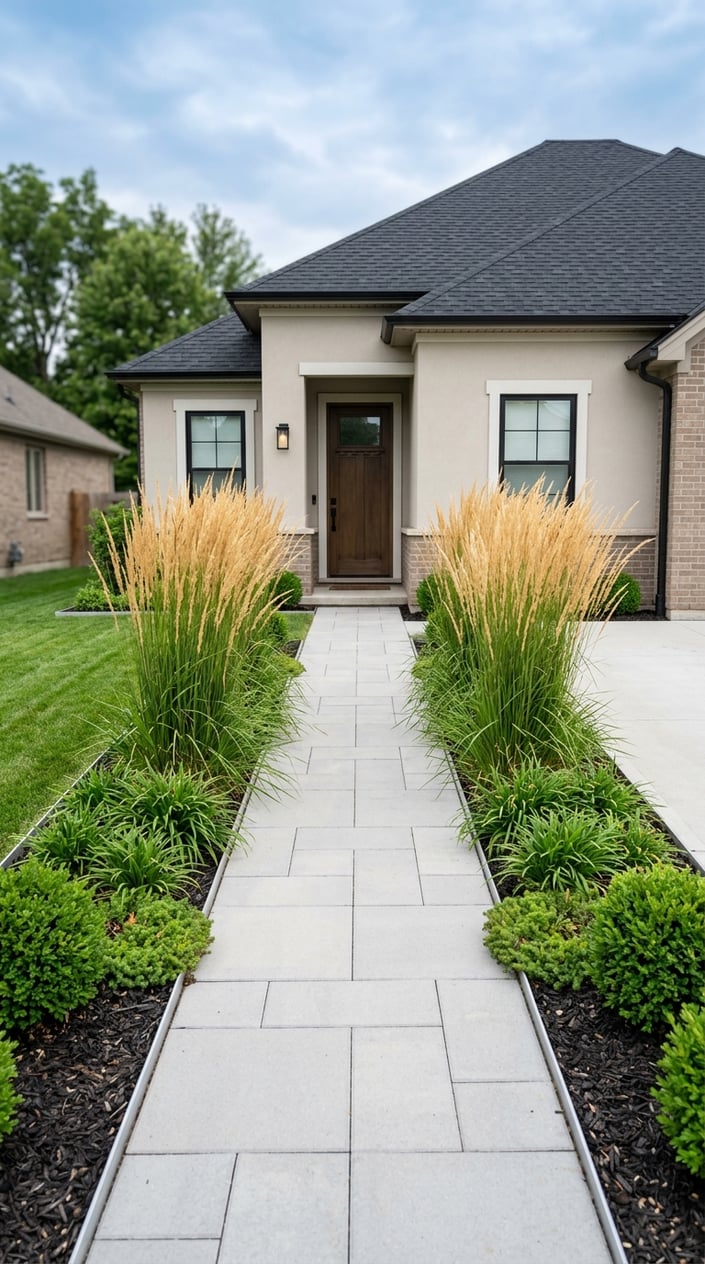 Symmetrical front yard entry with tall feather reed grass in neat beds along a paved walkway leading to a house.