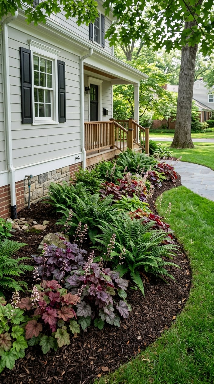 A shaded front yard foundation bed with native coral bells and Christmas ferns growing near a house, surrounded by mulch and greenery.