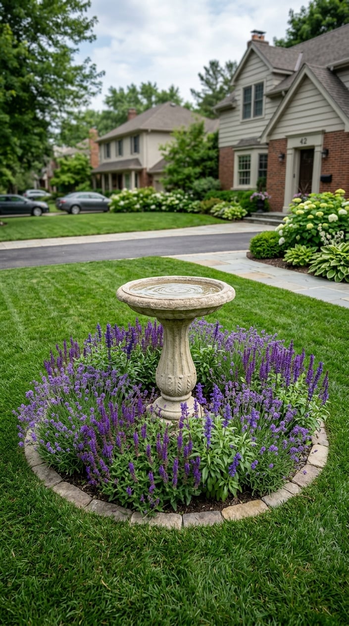 A stone birdbath centered in a low circular flower bed of blooming lavender and purple salvia on a well-kept front lawn.