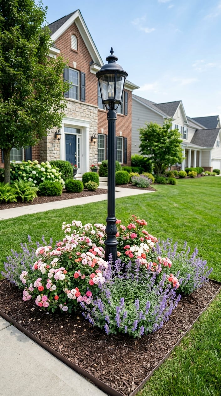 A black metal lamp post surrounded by blooming drift roses and catmint plants on a neatly maintained front lawn.