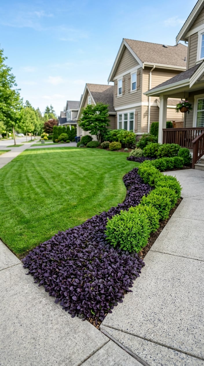A close-up of a front lawn corner with dark purple Ajuga ground cover and small green boxwood shrubs neatly arranged along a walkway in a suburban neighborhood.