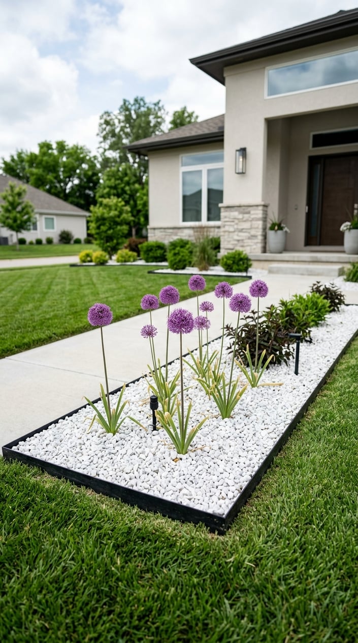 A front lawn bed with ornamental allium plants surrounded by white gravel next to a well-kept lawn and a modern house.