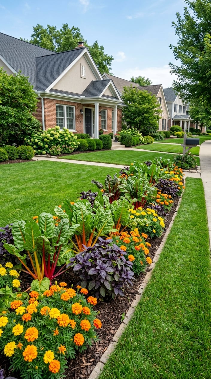 A front lawn garden with colorful rainbow Swiss chard, purple basil, and orange marigolds growing in a neat, well-maintained yard in front of a suburban house.